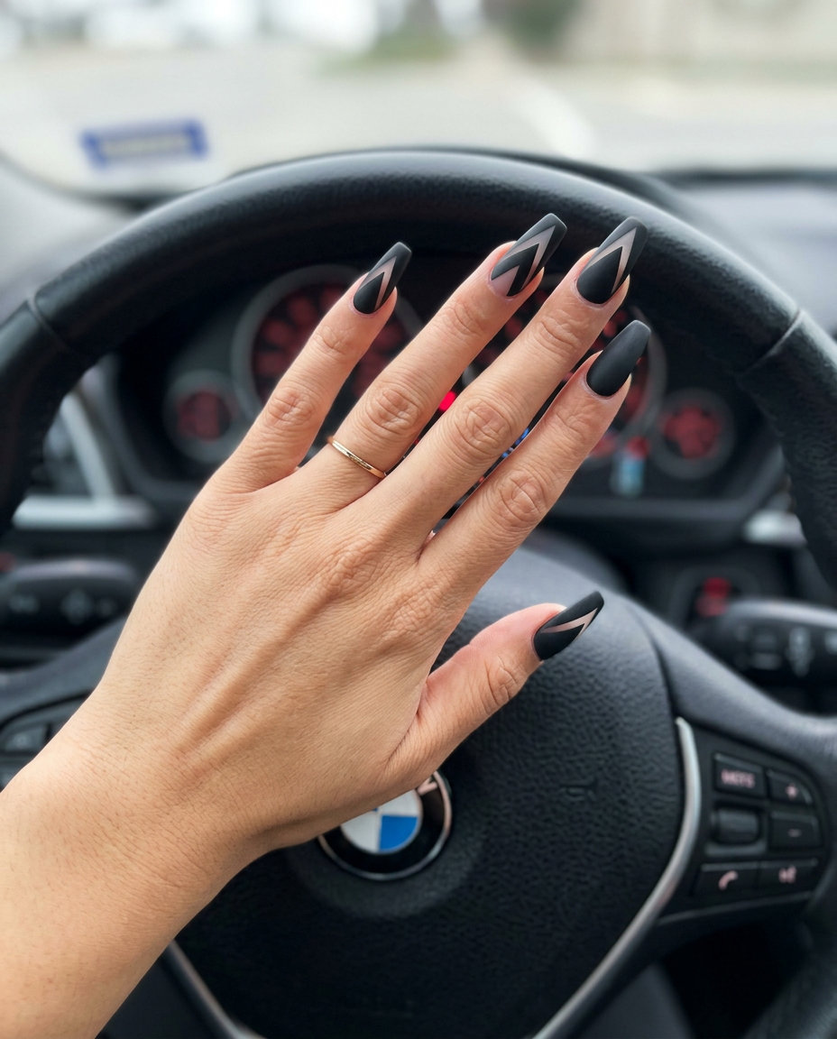 Graphic Black Geometry nails for summer nail manicure ideas 2026. Edgy matte black with negative space for a night out.
