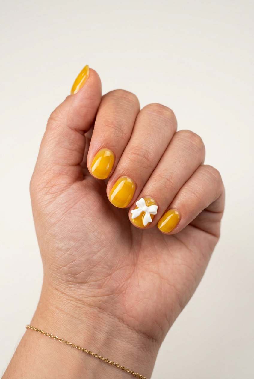 Sweet lemon jelly bow nails for summer nail manicure ideas 2026. Playful and cheery with a 3D white bow accent.