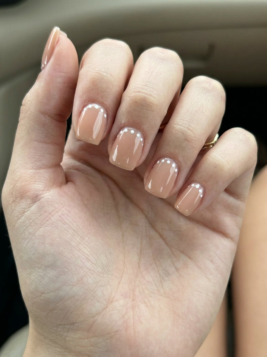 Minimalist nude nails with subtle white dots for summer nail manicure ideas 2026. Clean-girl chic for work or weddings.
