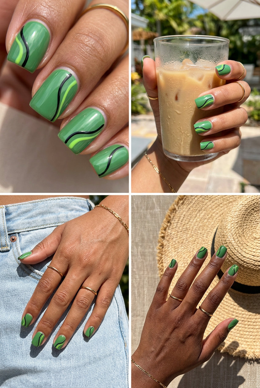 Modern art line nails for summer nail manicure ideas 2026. Chic white base with black and lime green abstract designs.