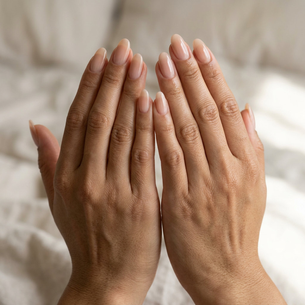 Minimalist nude aura nails for summer nail manicure ideas 2026. Sheer nude base with lighter nude gradient on short squoval nails.