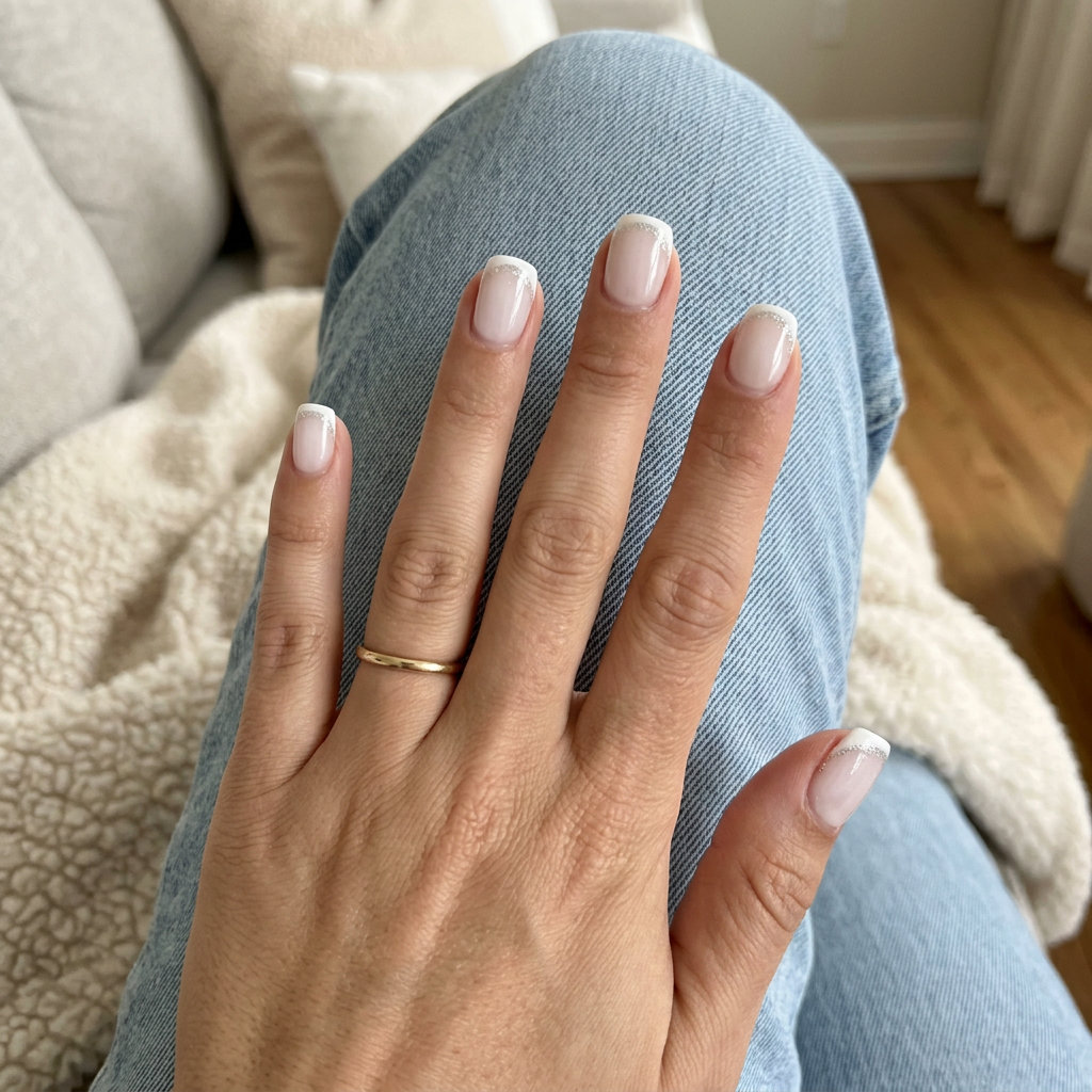 Elegant sparkling snow French nails for summer nail manicure ideas 2026. Short squoval nails with sheer white and white glitter tips.