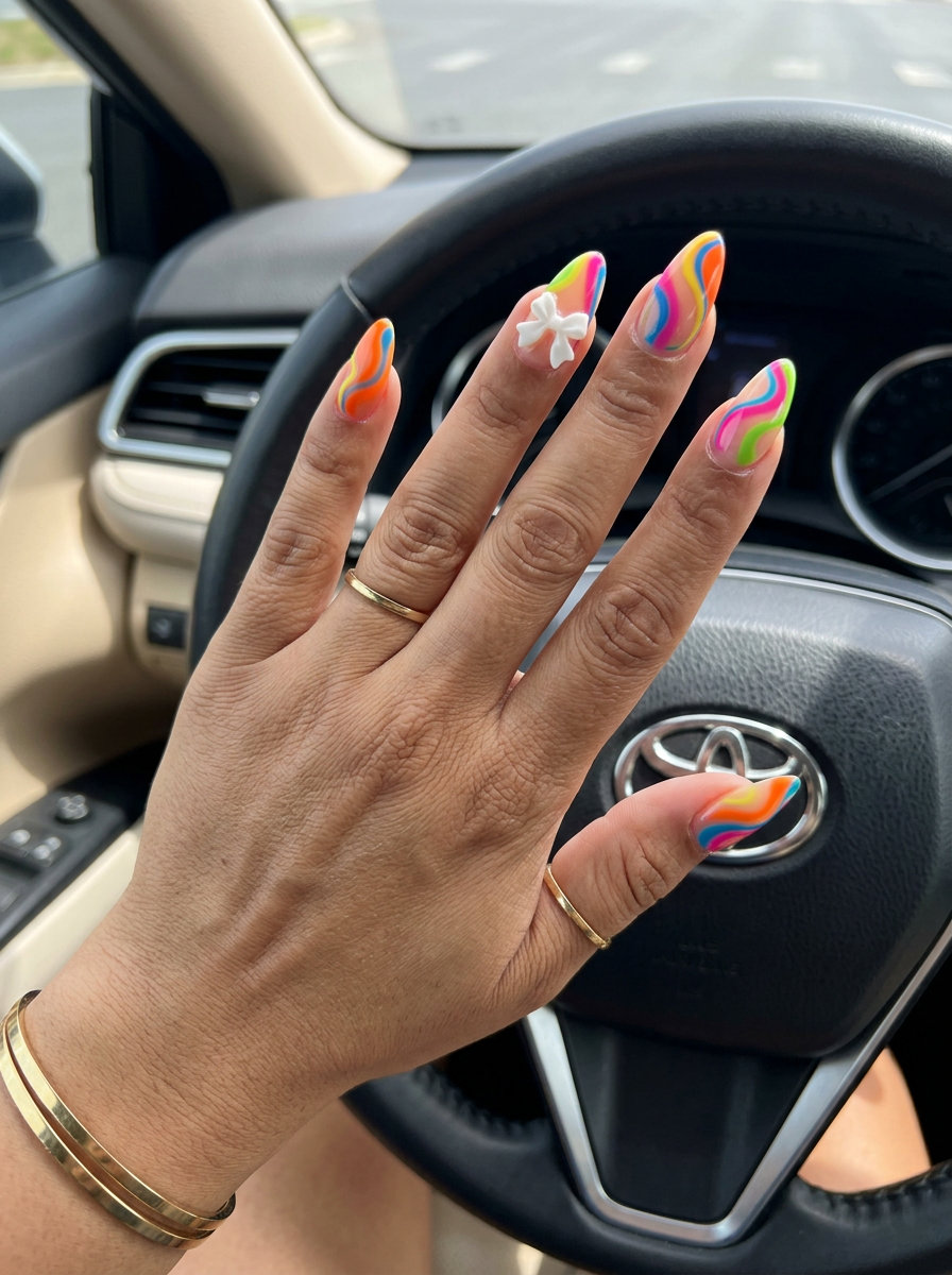 Summer Fiesta Abstract Swirls nails for summer nail manicure ideas 2026. Playful vibrant colors with a cute 3D bow charm.