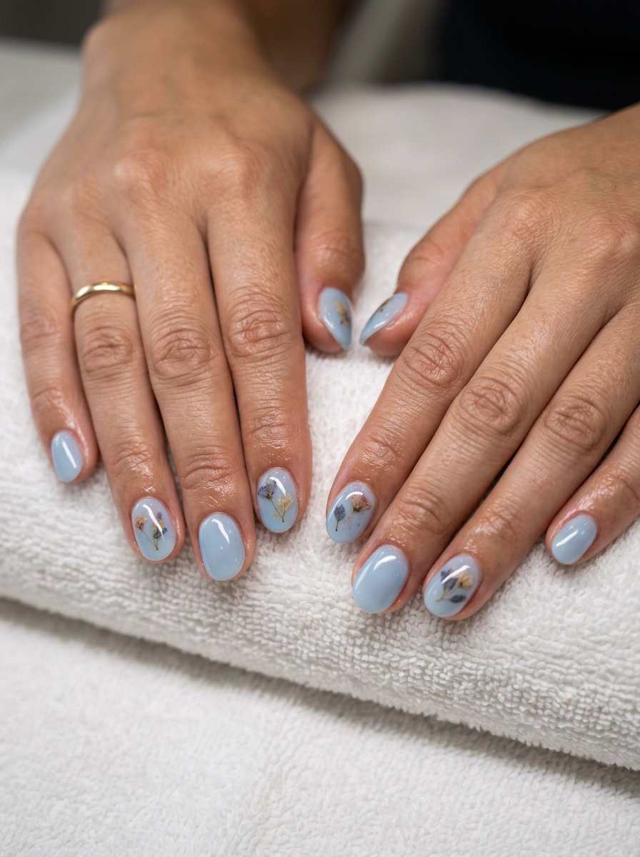 Romantic summer sky milk bath nails for summer nail manicure ideas 2026. Milky blue nails with embedded pastel dried flowers.