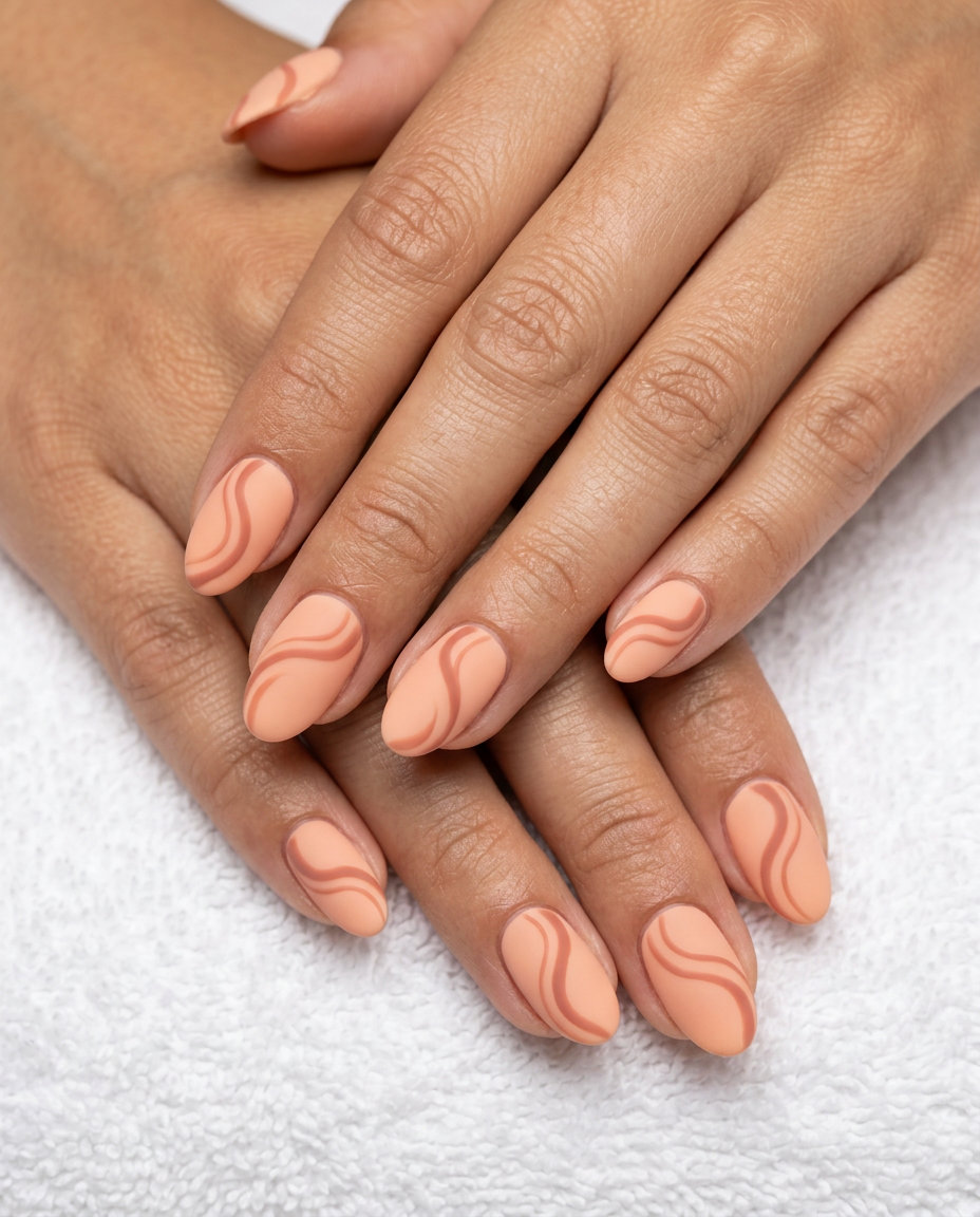 Velvet peach swirl nails for summer nail manicure ideas 2026. Sophisticated and soft for daily wear or events.