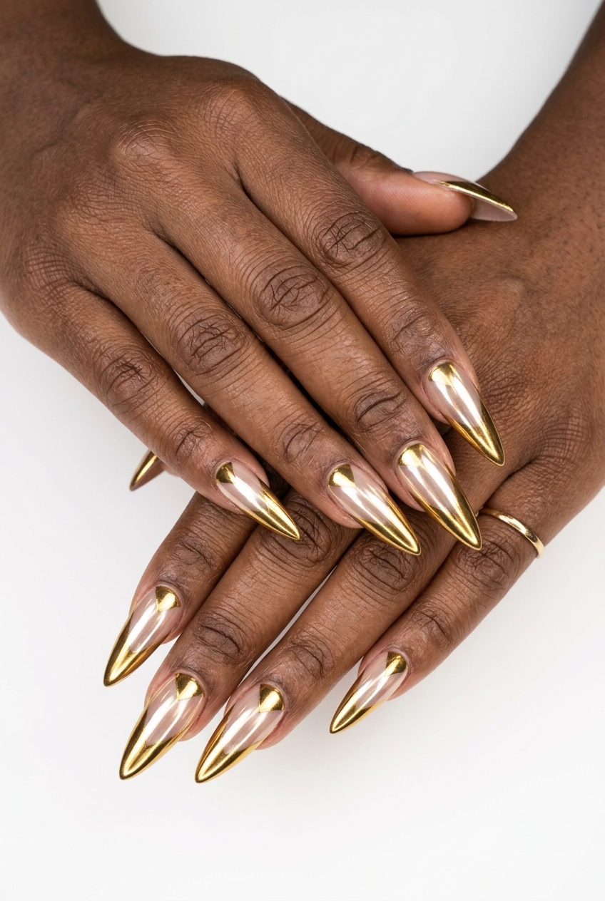 Gold chrome negative space coffin nails for summer nails for dark skin 2026. Modern party look.