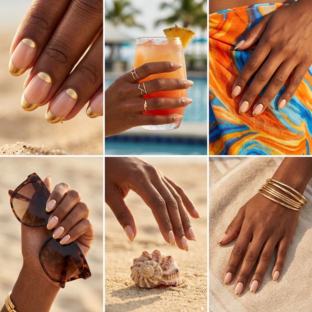 Gold metallic reverse French nails for summer nails for dark skin 2026. Glamorous date night style.