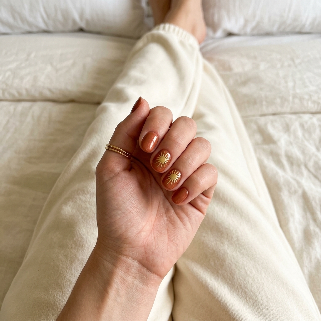 Terracotta sunburst accent nails for summer nails for dark skin 2026. Bohemian vacation style.