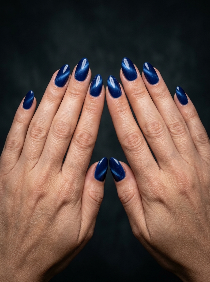 Cobalt velvet cat-eye nails for summer nails for dark skin 2026. Sultry, mysterious date night look.
