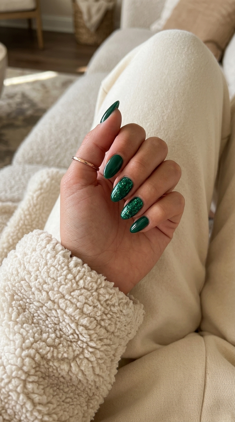 Emerald glitter accent nails for summer nails for dark skin 2026. Glamorous jewel-toned party look.