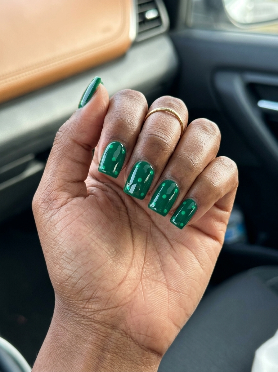 Emerald green dots: playful yet chic summer nails for dark skin 2026, work & casual appropriate.