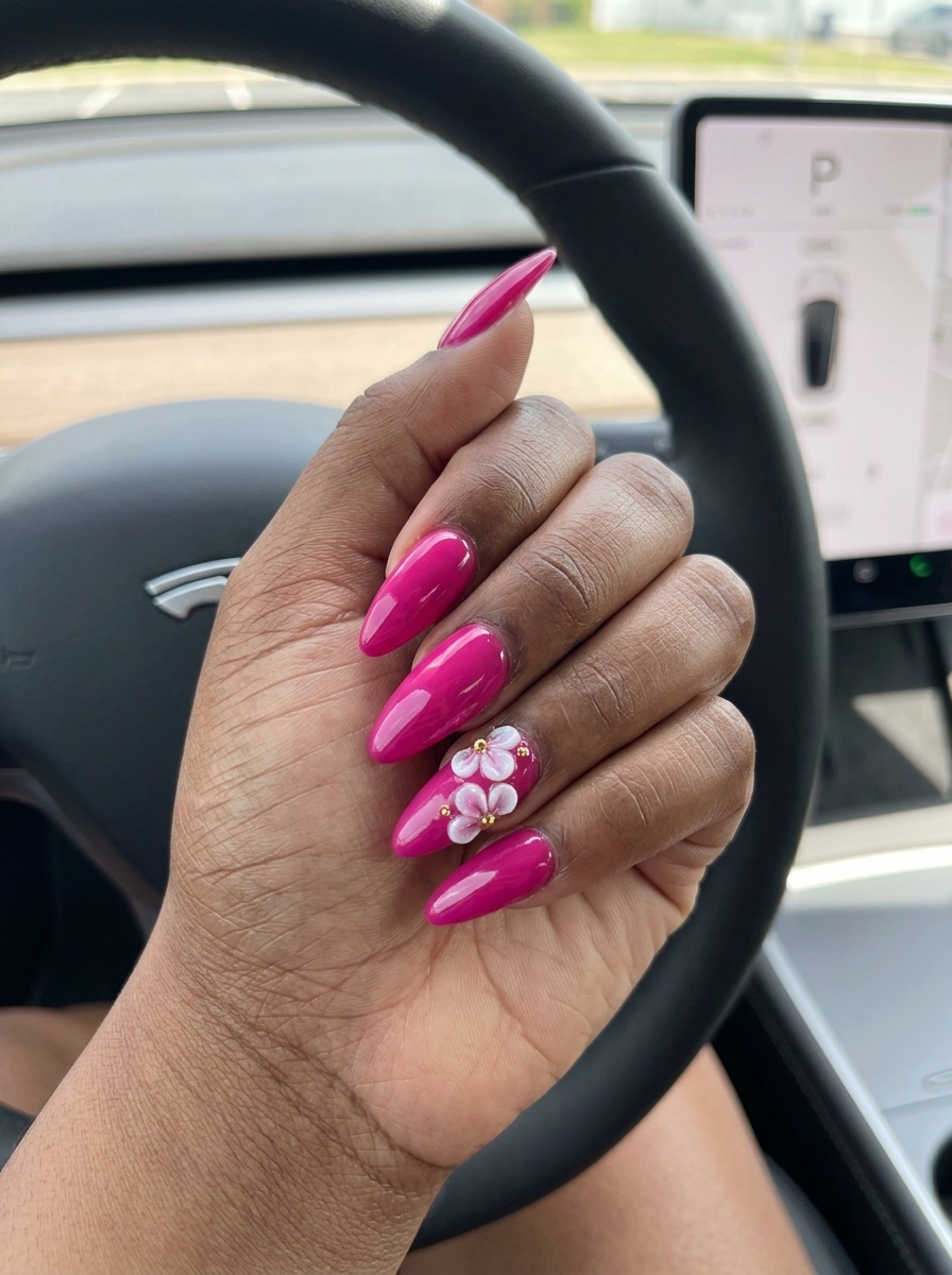 Fuchsia 3D floral nails for summer nails for dark skin 2026. Whimsical garden party look.