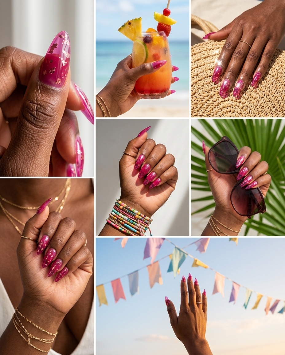 Fuchsia jelly nails with gold flakes for summer nails for dark skin 2026. Playful, sweet, glamorous festival outfit.