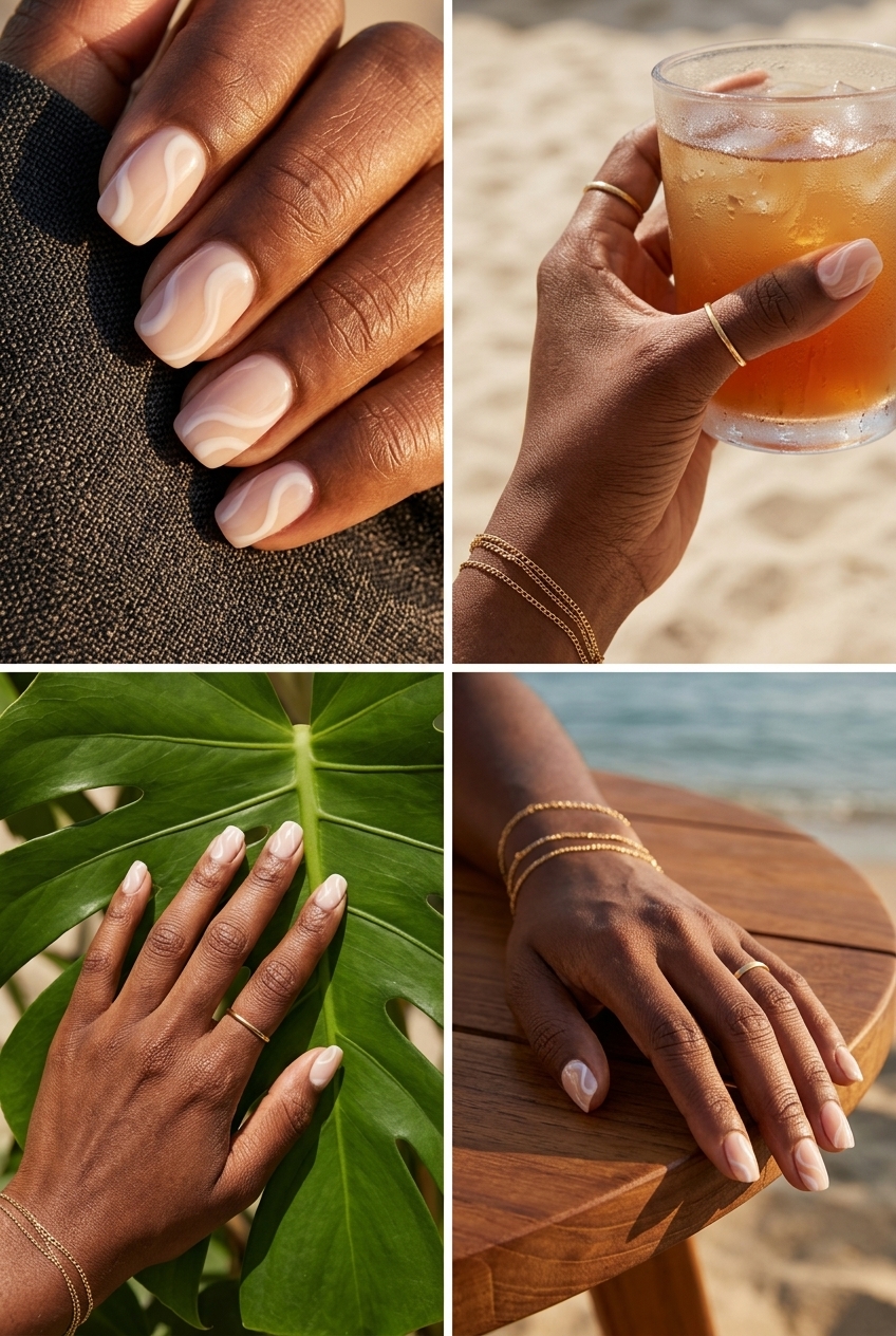 Milky nude swirls: chic summer nails for dark skin 2026, perfect for daily wear & work.
