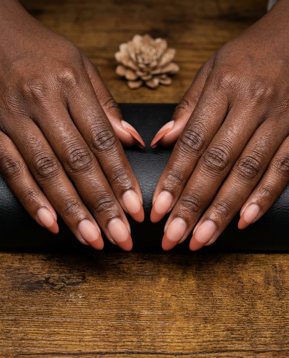 Terracotta matte French nails for summer nails for dark skin 2026. Sophisticated, earthy, relaxed vacation style.