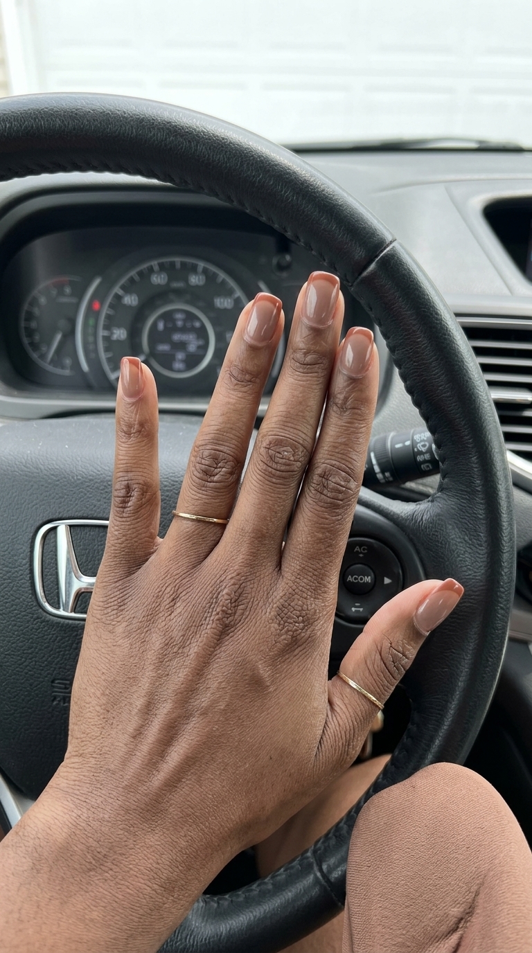Terracotta milky French square nails for summer nails for dark skin 2026. Clean-girl, understated work style.