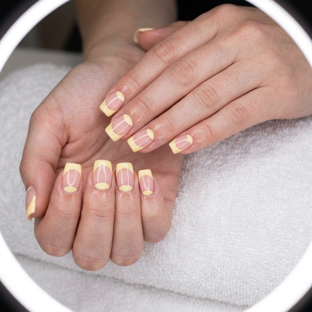 Butter yellow reverse French square nails for retro style and summer nails square medium 2026.