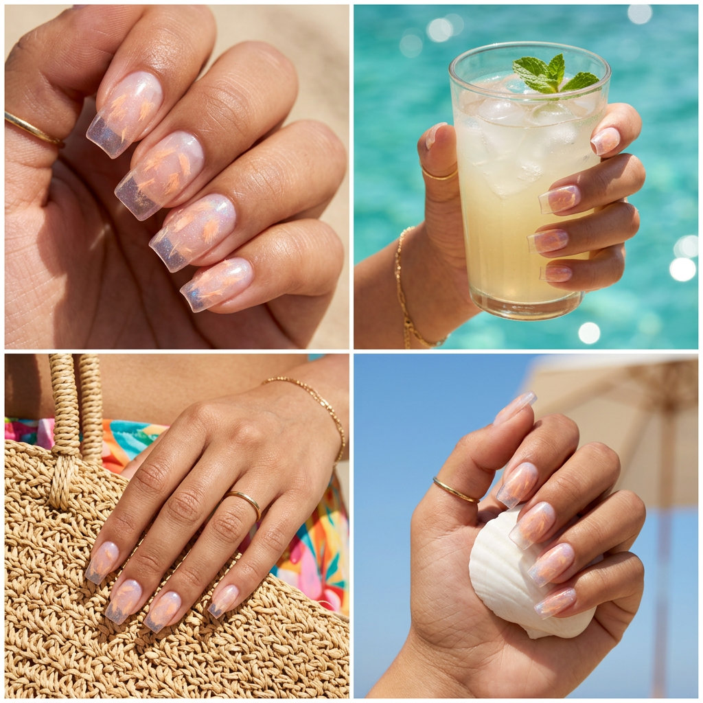 Playful Glass Candy Peach Fuzz Summer Nails Square Medium 2026 Glass candy peach fuzz square nails for summer nails square medium 2026. Playful vacation style with shimmer.