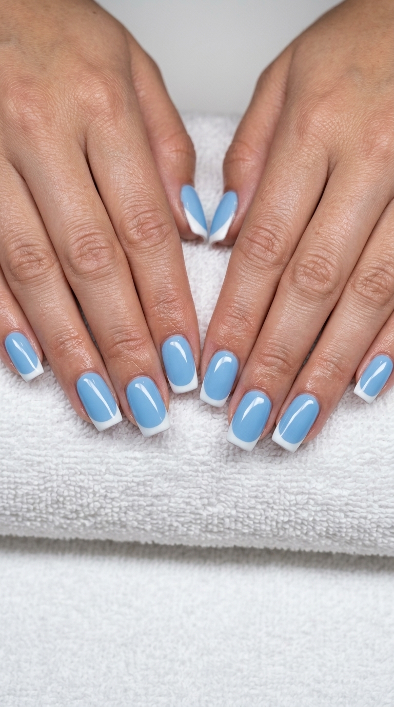 Matte Sky Blue French Nails 2026 Matte sky blue French tip square nails for daily wear and summer nails square medium 2026.