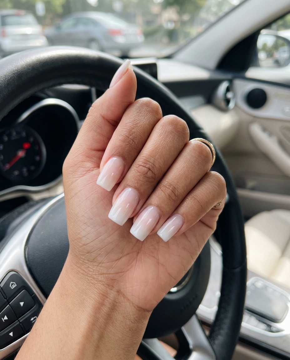 Milky White Gradient Nails 2026: Elegant Summer Style Milky white soft square gradient nails for summer 2026. Minimalist elegant serene look.