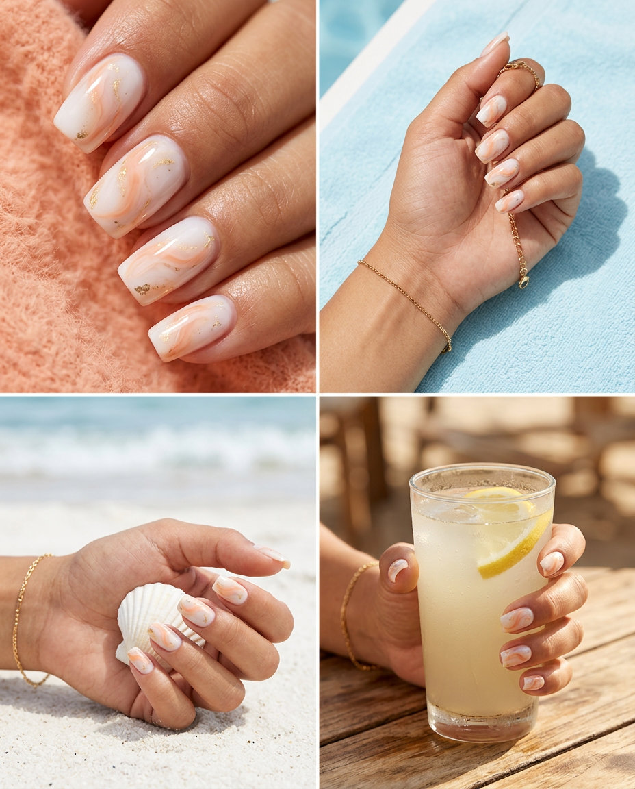 Romantic Milky White Peach Fuzz Summer Nails Square Medium 2026 Milky white with peach fuzz swirls square nails for summer nails square medium 2026. Romantic bridal style.