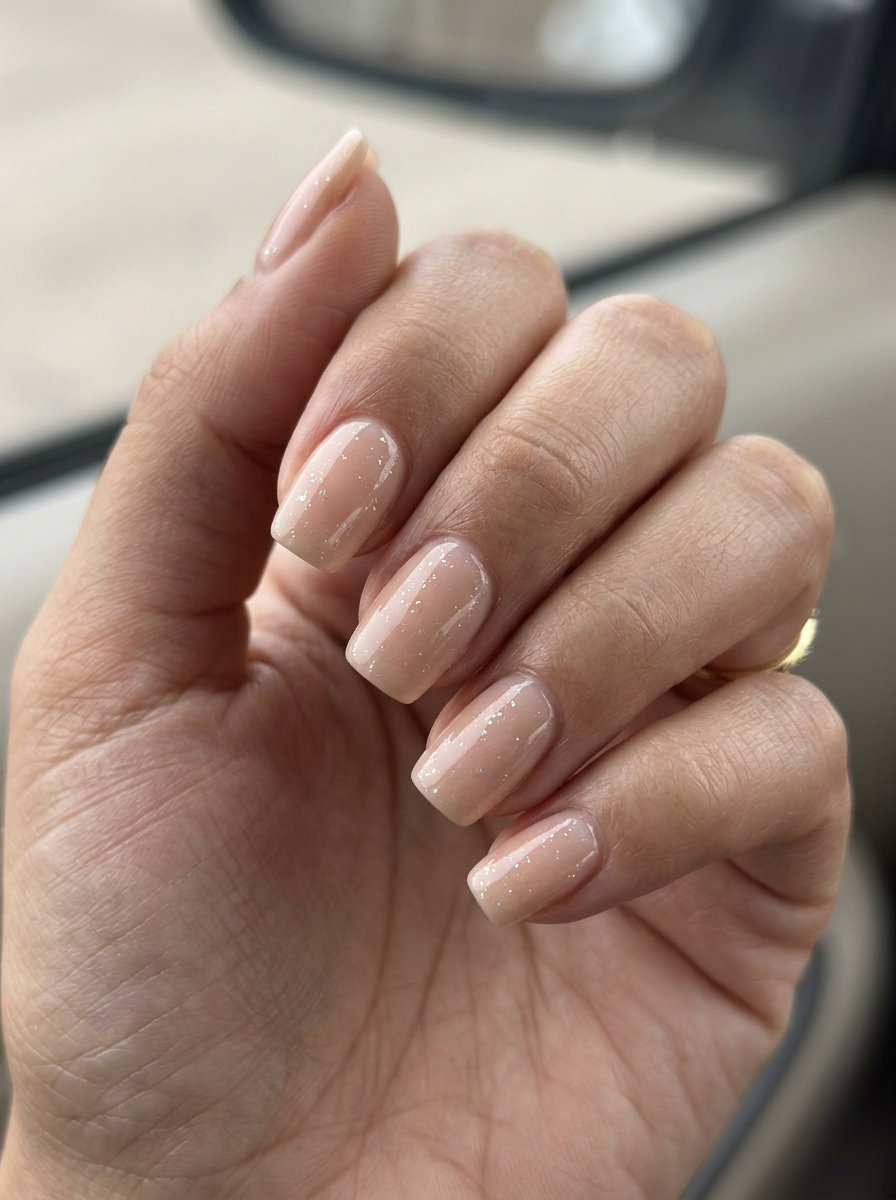 Sparkle Nude Square Nails 2026 Subtle sparkle nude soft square nails for wedding guest and summer nails square medium 2026.