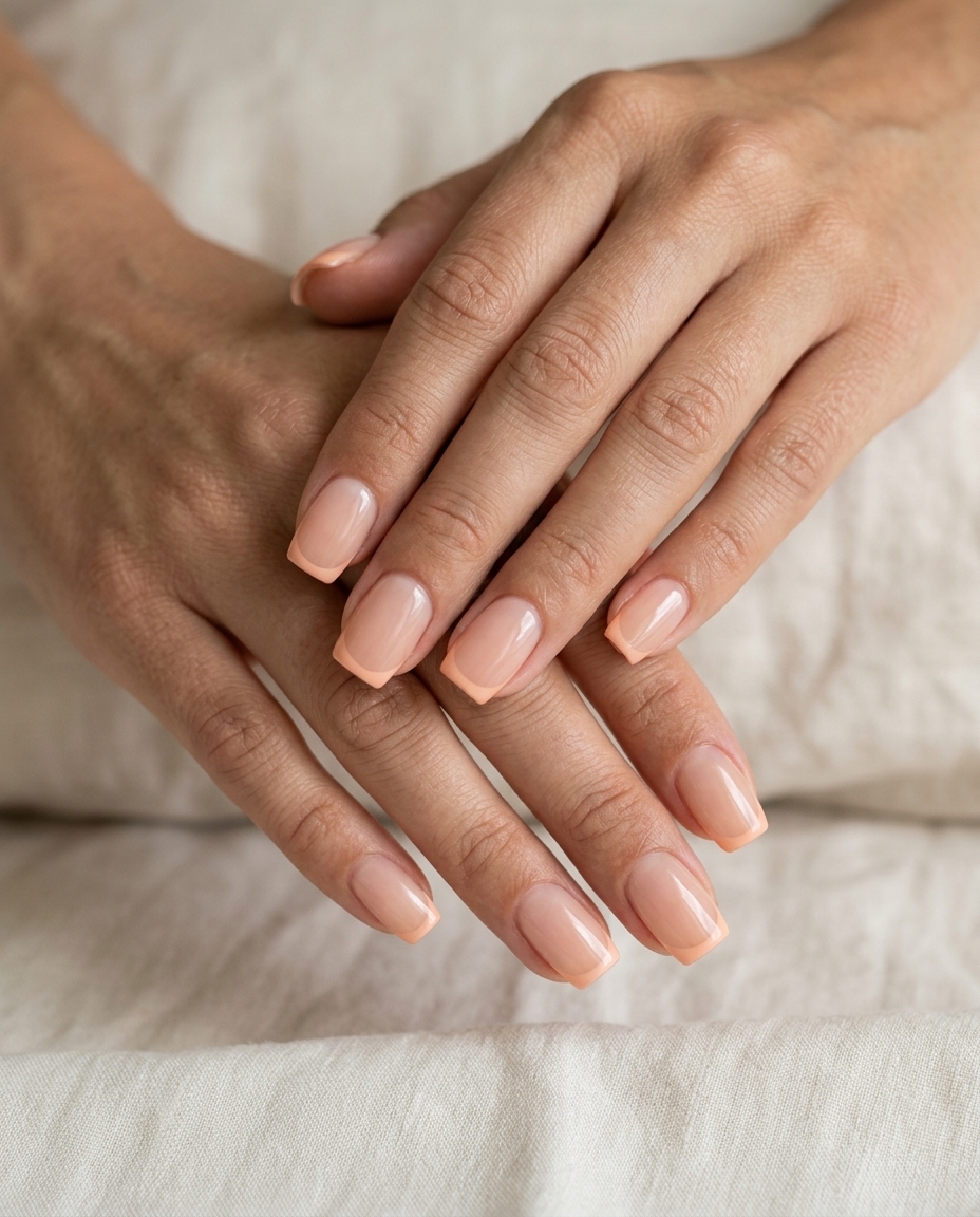Peach Fuzz French Nails 2026: Chic Summer Events Peach fuzz micro French square nails for summer 2026 weddings. Romantic sheer nude with delicate peach tip.