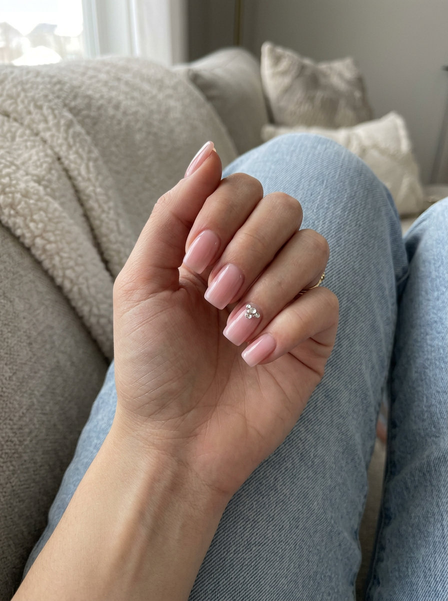 Pink Rhinestone Accent Nails 2026 Pink rhinestone accent square nails for wedding guest and summer nails square medium 2026.