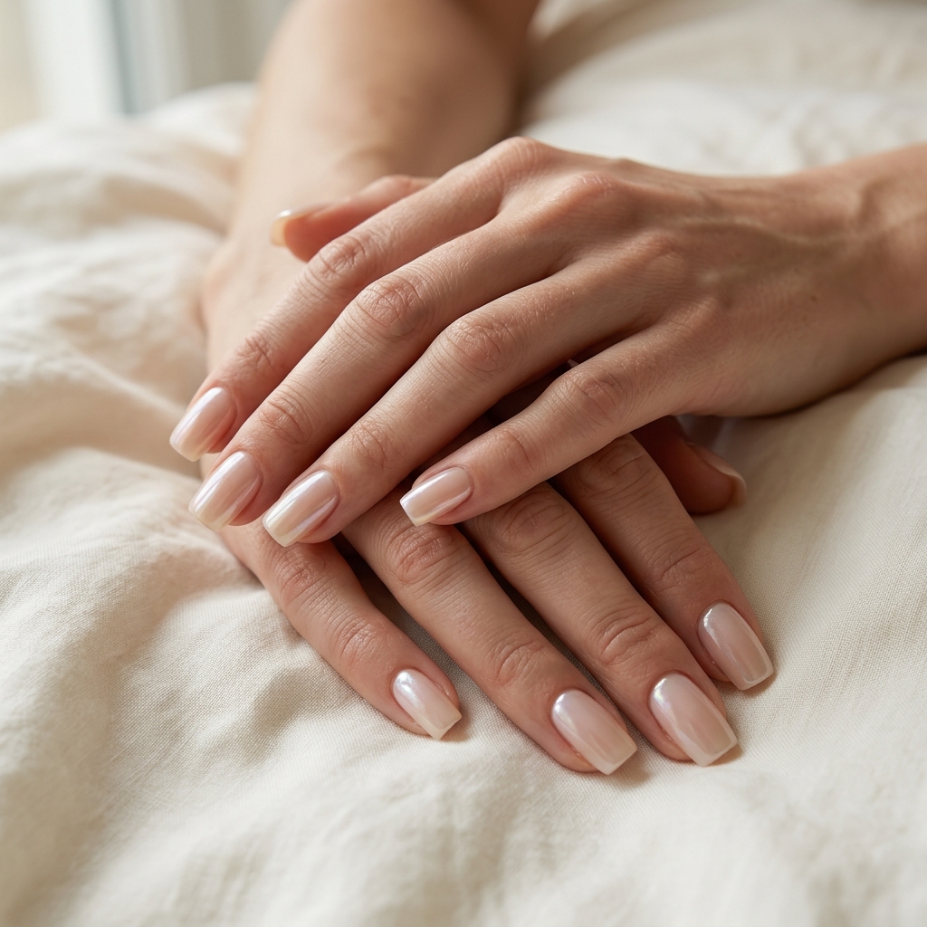 Glazed Donut Nails 2026: Minimalist Summer Style Sheer nude glazed donut square nails for summer 2026 daily wear. Minimalist polished look with pearlescent glaze.