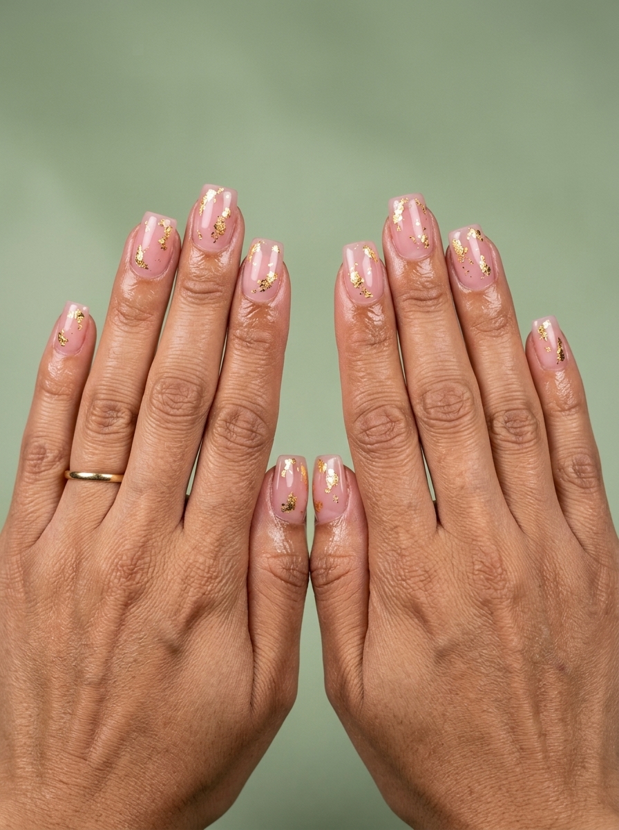Gold Flake Pink Nails 2026: Bohemian Summer Style Sheer pink with scattered gold flakes square nails for summer 2026. Bohemian ethereal light look.