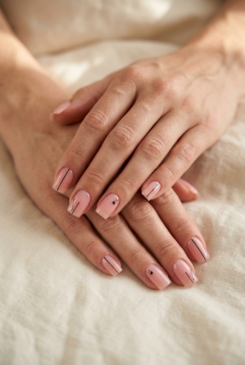 Minimalist Summer Nails Square Medium 2026 Sheer pink minimalist lines square nails for summer nails square medium 2026. Chic, modern design for daily wear.