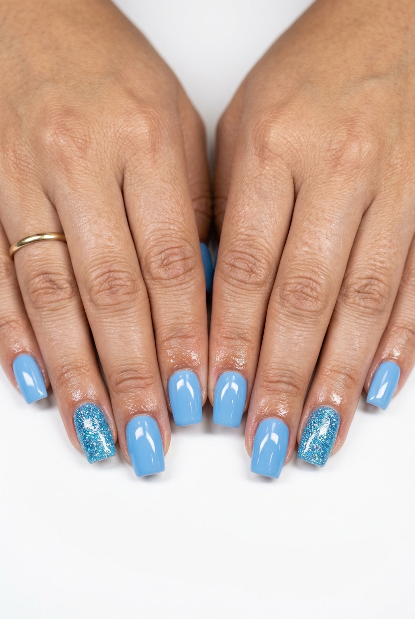 Sky Blue Glitter Nails 2026: Summer Vacation Style Sky blue glitter accent square nails for summer 2026 vacation. Opaque blue with iridescent glitter on ring finger.