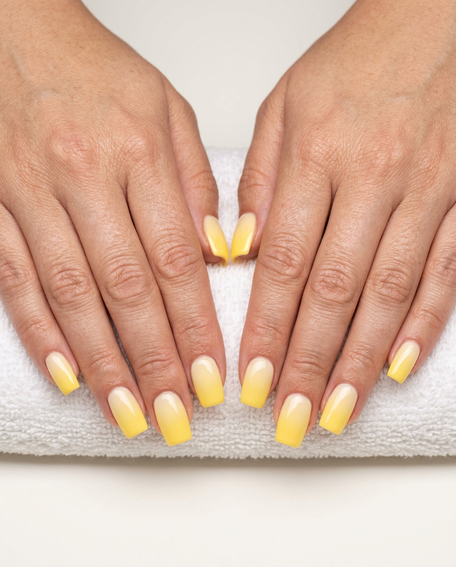 Yellow Ombre Square Nails 2026 Sunny ombre blend square nails in pale yellow to butter yellow for summer nails square medium 2026.