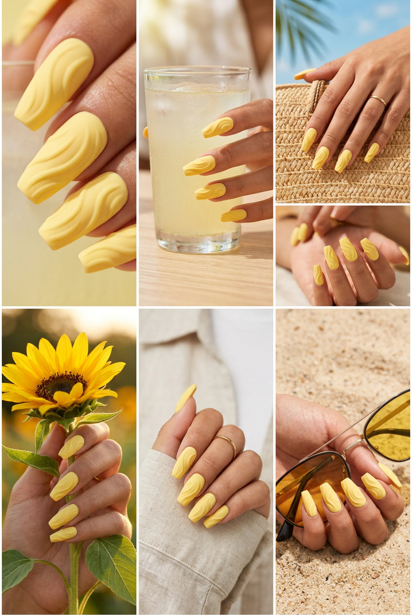 3D Buttercream Texture nails for summer 2026. Matte butter yellow with raised swirls for an artistic look.
