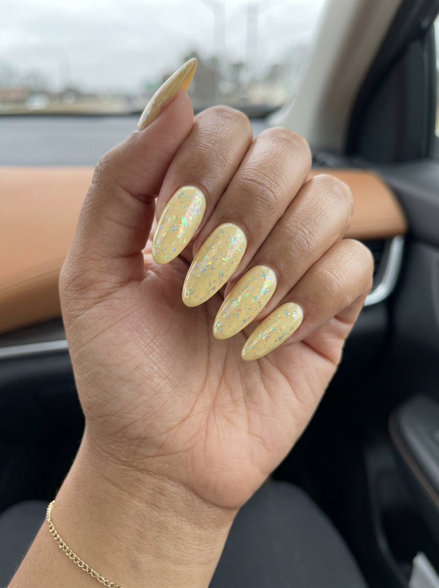 Butter Yellow Holographic Almond nails for summer 2026. Soft yellow with iridescent holographic flakes.