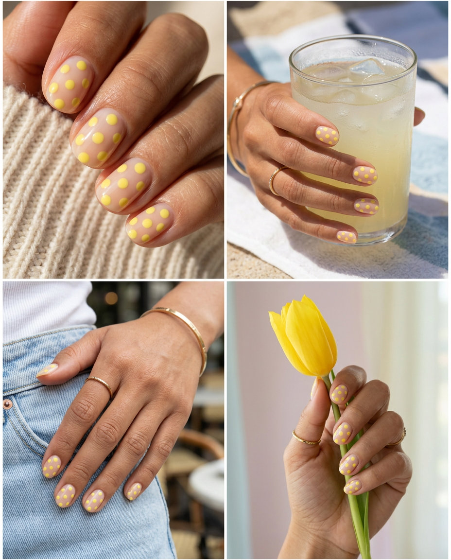 Citrus Dewdrop Dots nails for summer 2026. Sheer nude base with playful lemon zest yellow dots.