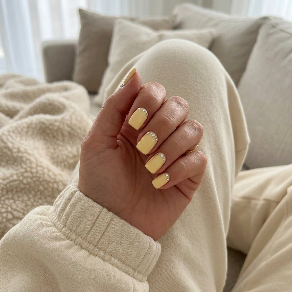 Romantic butter yellow nails with dewdrop rhinestone accents for date night or bridal shower. Summer nails yellow 2026.