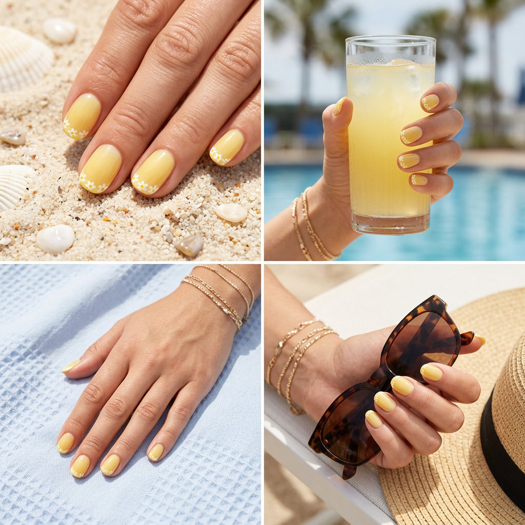 Lemon Zest Daisy French nails for summer 2026. Yellow jelly base with white daisy accents for casual days.