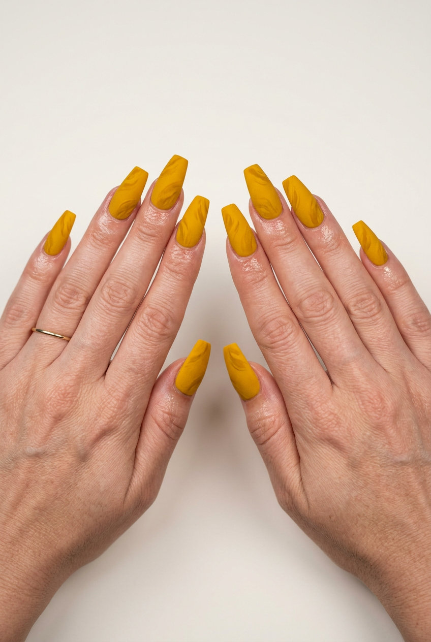Sophisticated velvet matte mustard yellow nails with subtle darker swirls for seasonal wear or art gallery visits. Summer nails yellow 2026.
