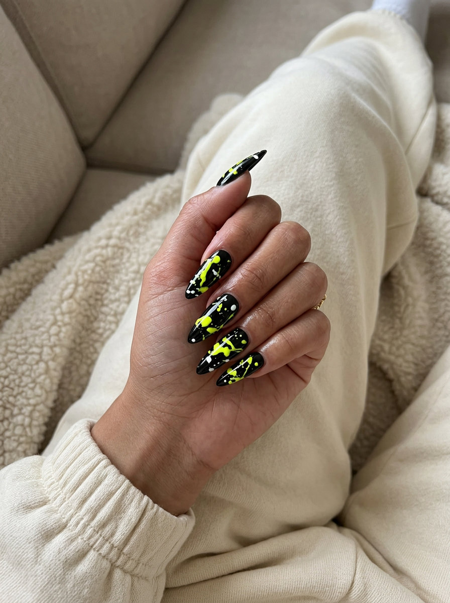 Edgy electric neon yellow splatter art nails on stiletto tips for festivals or concerts. Summer nails yellow 2026.