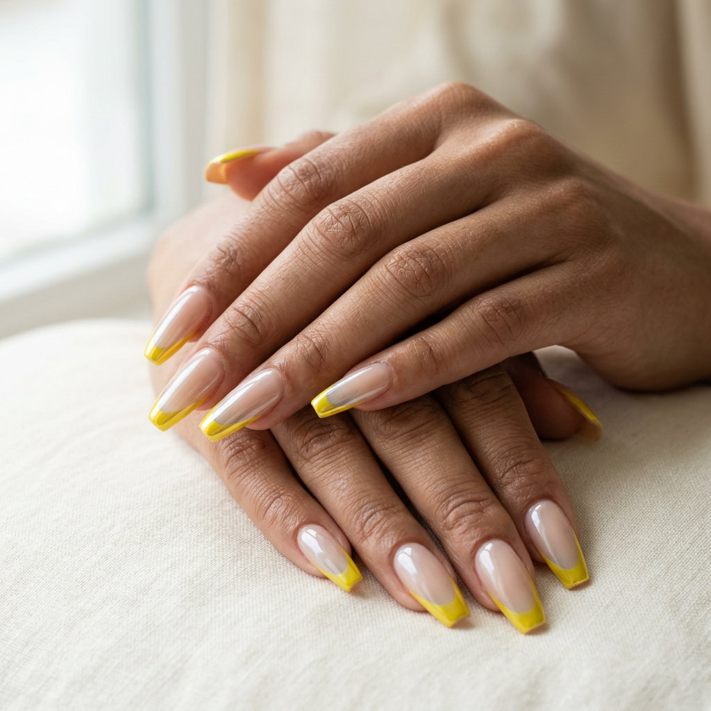 Solar Flare Chrome French nails for summer 2026. Milky nude base with vibrant yellow chrome tips for parties.