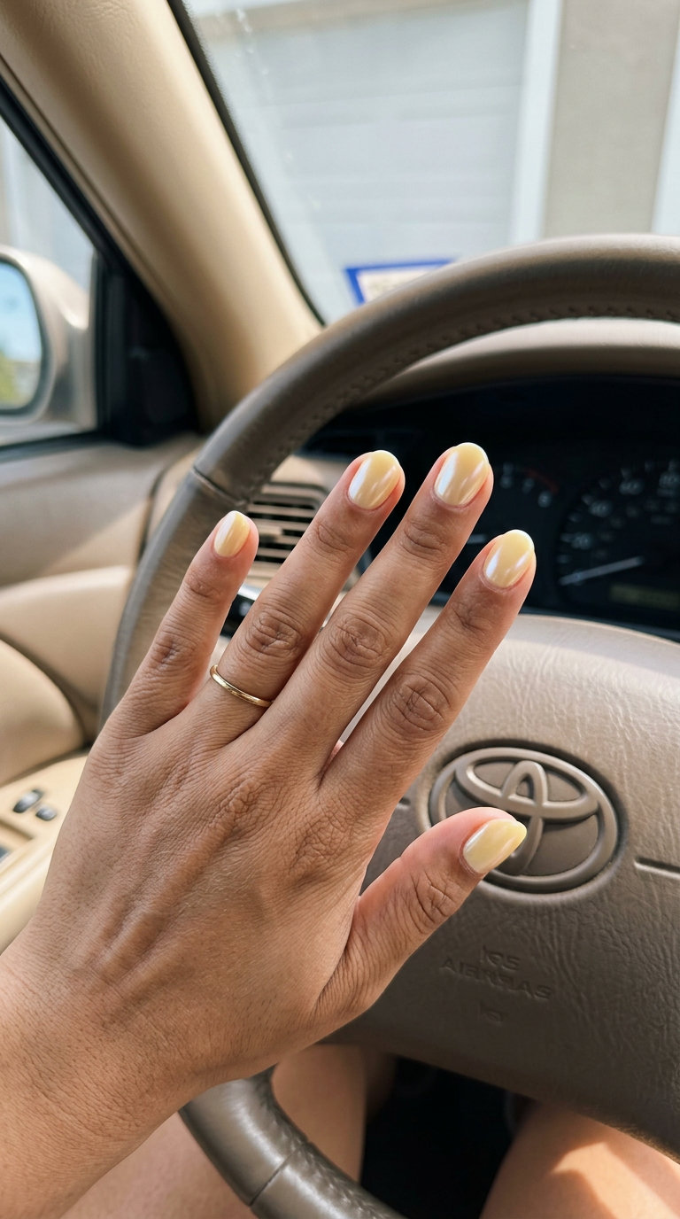 Effortless summer nails yellow 2026: Buttery Glazed Summer Orb with pearlescent shimmer on short rounded nails.