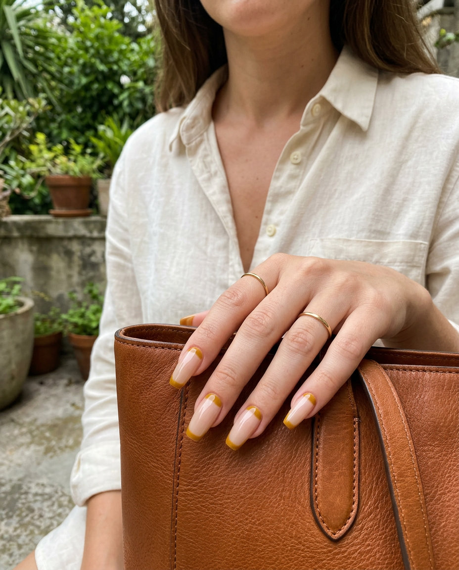 Sophisticated summer nails yellow 2026: Golden Arch Reverse French on medium stiletto nails for formal events.