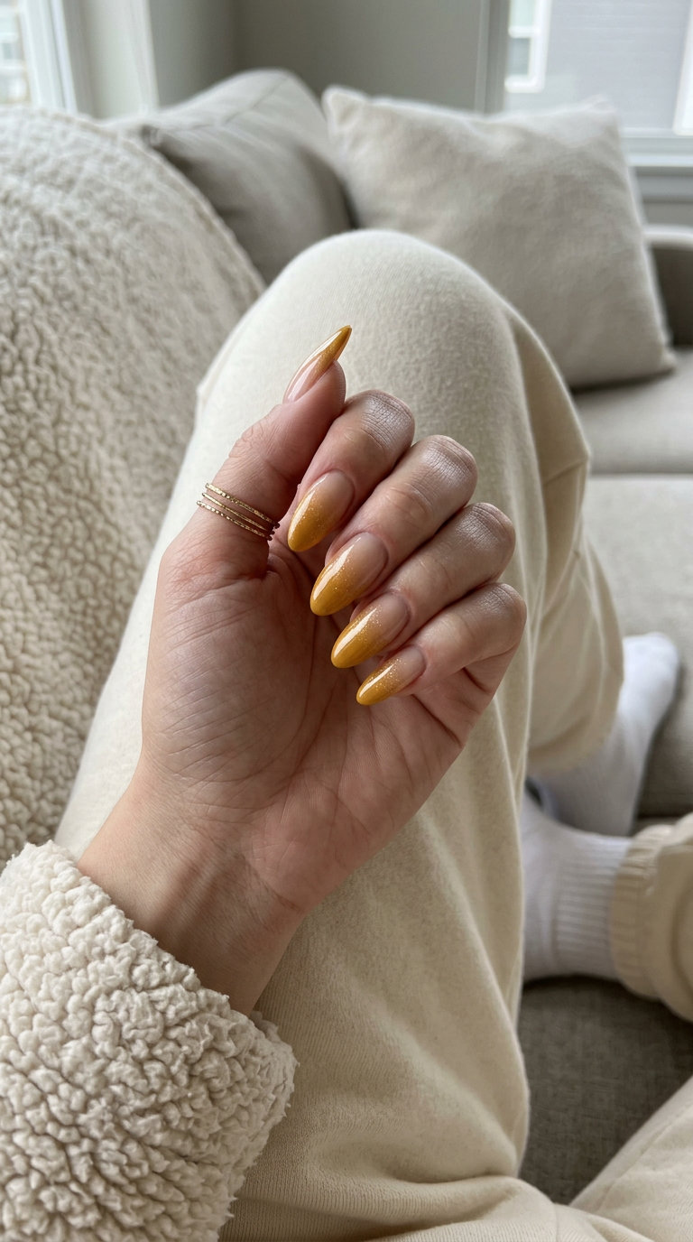 Glamorous summer nails yellow 2026: Golden Hour Glitter Fade ombre with gold glitter on medium-long coffin/almond nails.