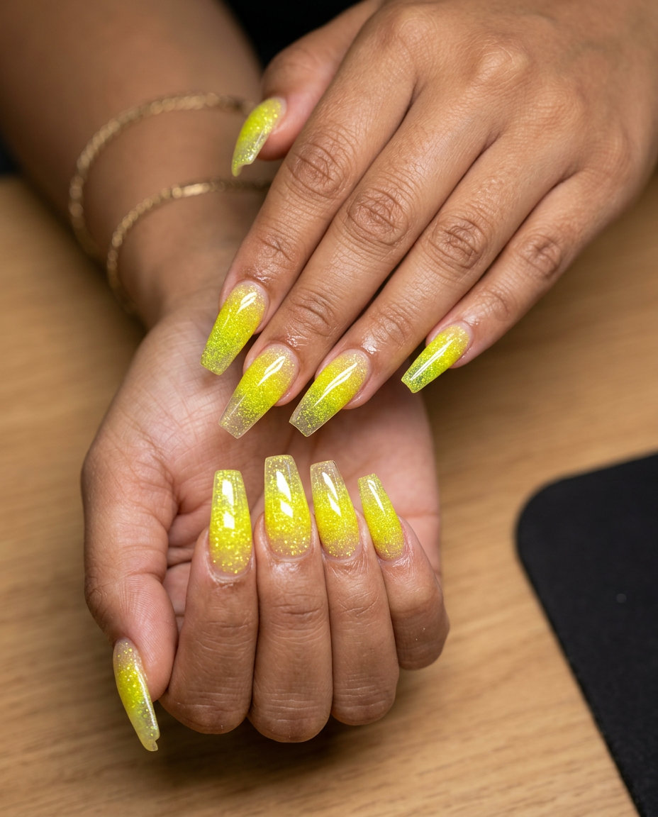 Bold summer nails yellow 2026: Neon Yellow Glitter Gradient on extra-long coffin nails for festivals and nights out.