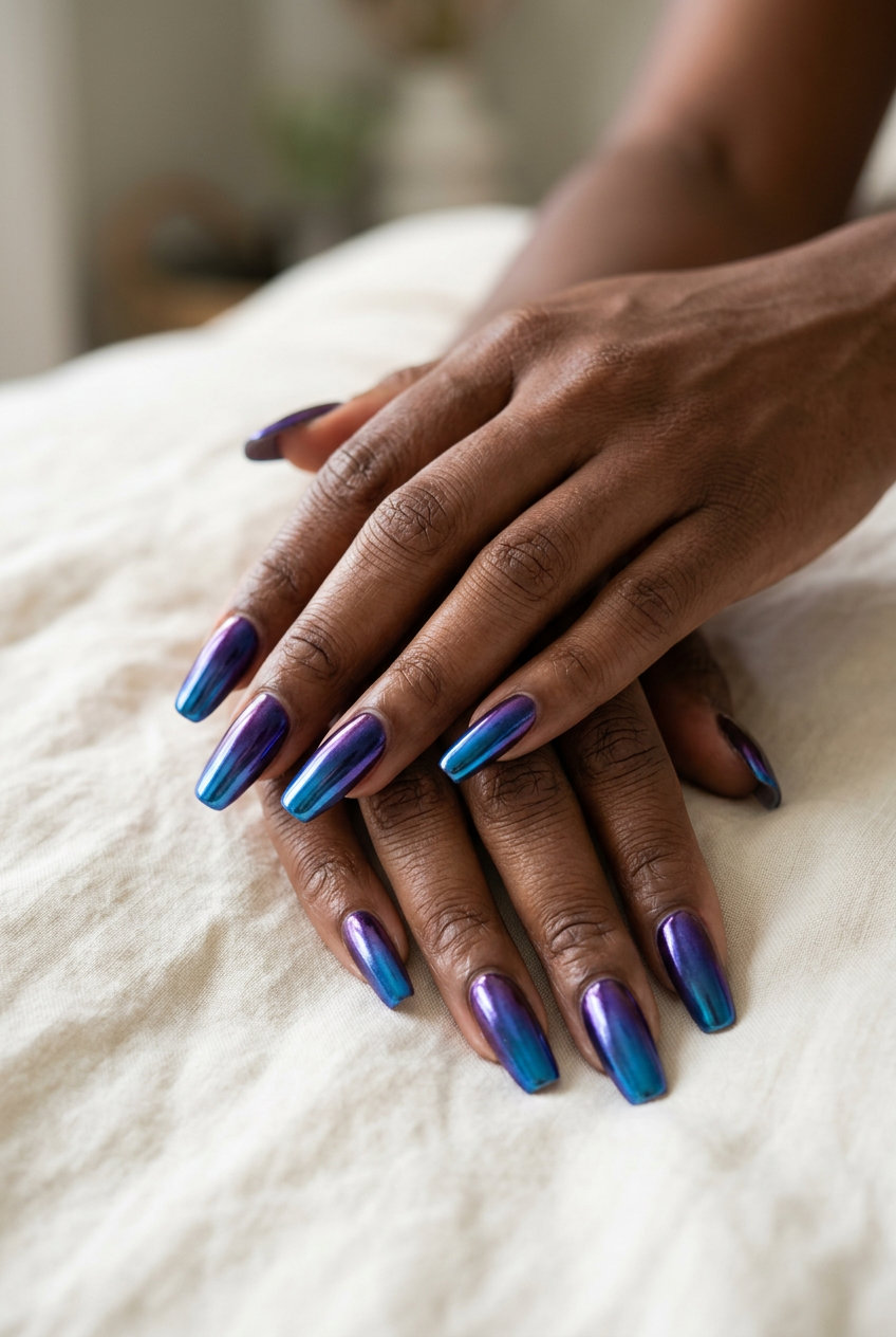 Cyber Chrome Purple Blue Ombre Flare nails, a bold choice for summer ombre nails 2026.