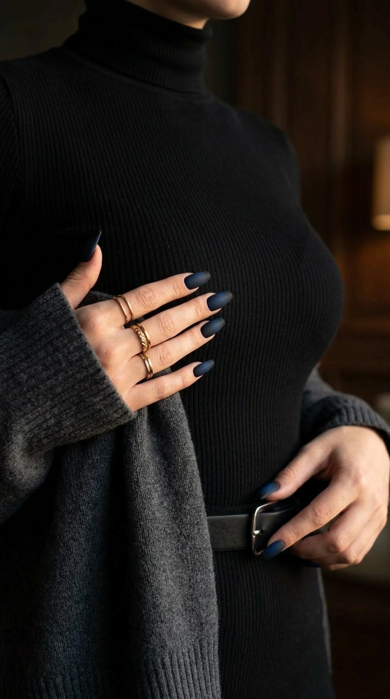 Deep sea velvet ombre nails in midnight blue and black for an edgy evening event in 2026.