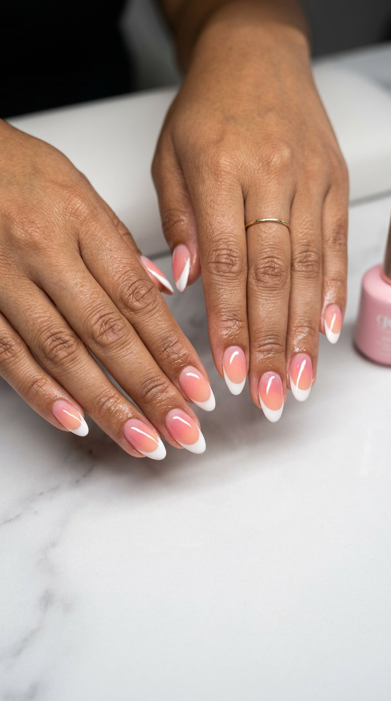 Summer ombre nails 2026: French Ombre Peach & Pink Kiss for chic date nights.