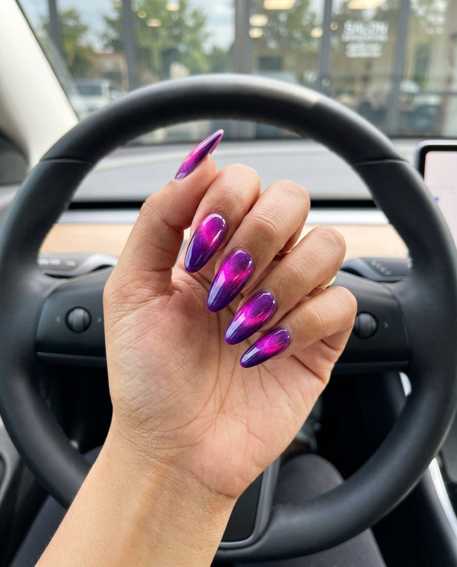 Summer ombre nails 2026: Galactic Purple Pink Cat-Eye ombre for glamorous parties.