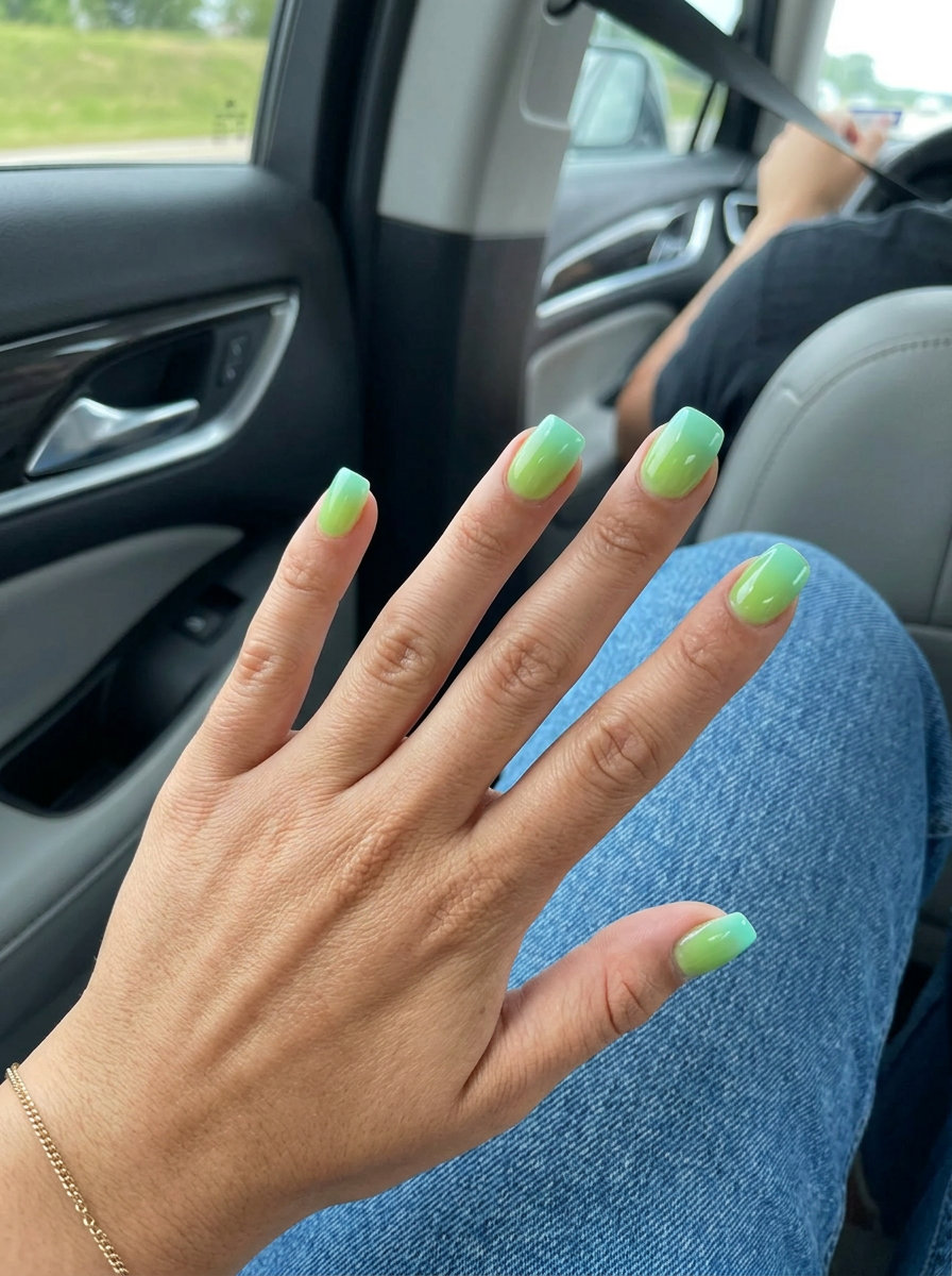 Lime green to mint green jelly ombre nails for a casual summer outing in 2026. Playful & refreshing.